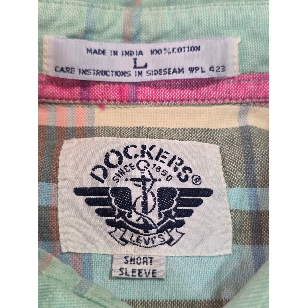 Dockers Mens Large Short Sleeve Plaid Button Down Shirt Cotton Teal Pink Blue - Picture 7 of 10